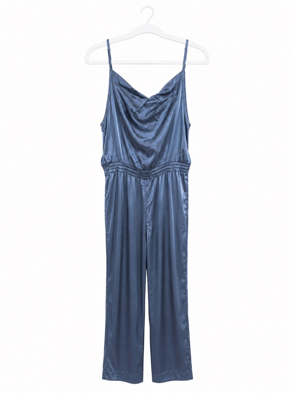 Fate Satin Cowl-Neck Jumpsuit in Dusty Blue